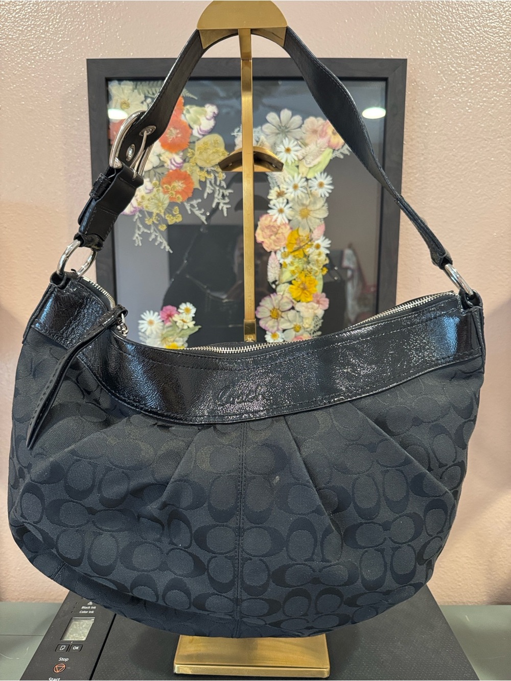 Coach Black Signature Hobo Shoulder Bag with Patent Trim 2009